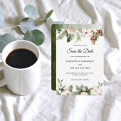 Waterverf Wintergroene pine-boom en witte bloemen Save The Date