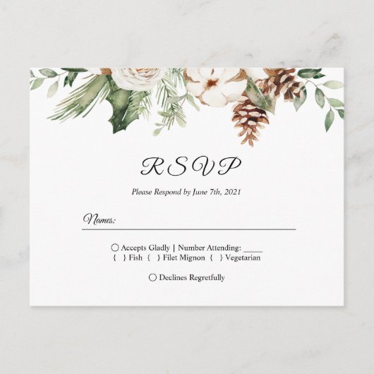 Waterverf Wintergroene pine-boom en witte bloemen Uitnodiging Briefkaart (Voorkant)