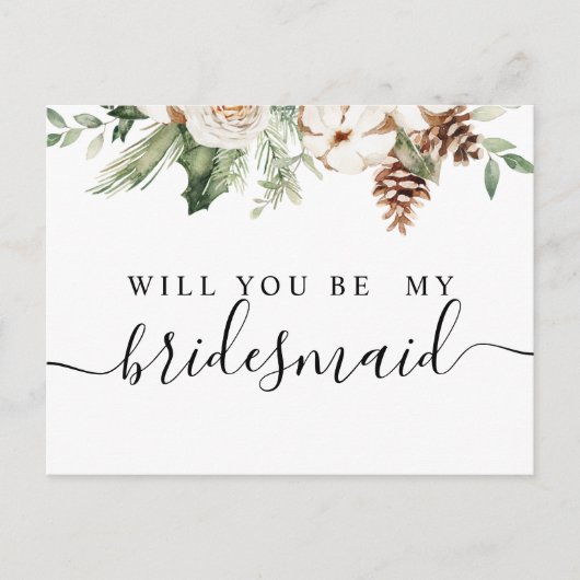 Waterverf Wintergroene pine-boom en witte bloemen Uitnodiging Briefkaart (Voorkant)