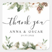 Waterverf Wintergroene pine-boom en witte bloemen Vierkante Sticker (Voorkant)