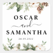 Waterverf Wintergroene pine-boom en witte bloemen Vierkante Sticker (Voorkant)
