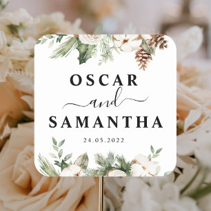 Waterverf Wintergroene pine-boom en witte bloemen Vierkante Sticker