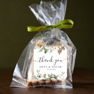 Waterverf Wintergroene pine-boom en witte bloemen Vierkante Sticker