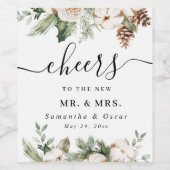 Waterverf Wintergroene pine-boom en witte bloemen Wijn Etiket (Enkel label)