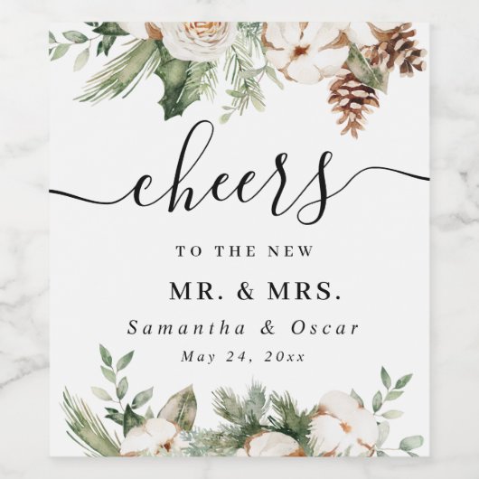 Waterverf Wintergroene pine-boom en witte bloemen Wijn Etiket (Enkel label)