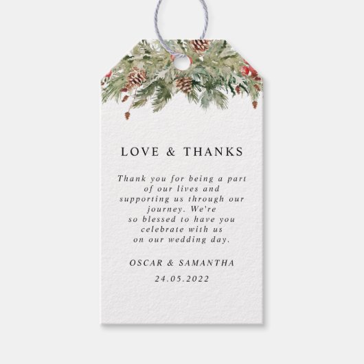 Waterverf wintergroene sinusboom en pijnkloon cadeaulabel (Voorkant)