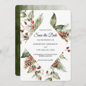 Waterverf wintergroene sinusboom en pijnkloon save the date (Voorkant / Achterkant)