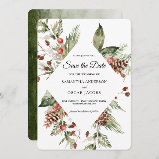 Waterverf wintergroene sinusboom en pijnkloon save the date (Voorkant / Achterkant)