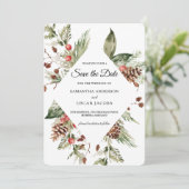 Waterverf wintergroene sinusboom en pijnkloon save the date (Staand voorkant)