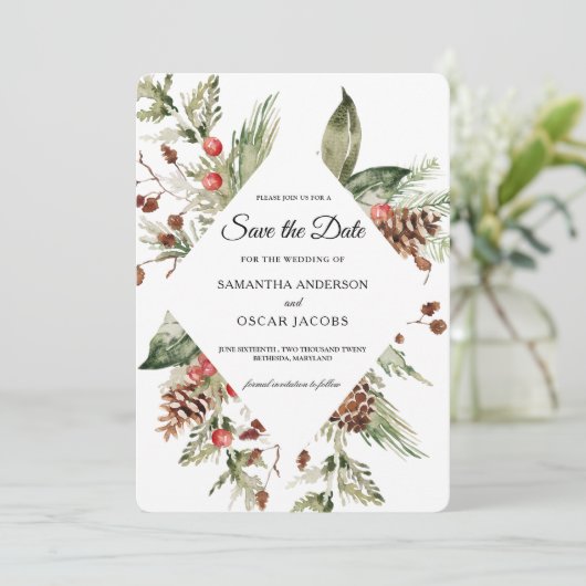 Waterverf wintergroene sinusboom en pijnkloon save the date (Staand voorkant)