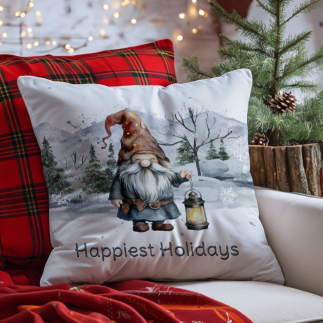 Waterverf winterkerstkabouter kussen (Watercolor Winter Christmas Gnome Throw Pillow)