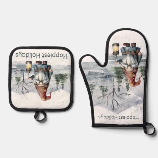 Waterverf winterkerstkabouter ovenwant & pannenlap set (Voorkant)