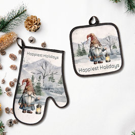 Waterverf winterkerstkabouter ovenwant & pannenlap set