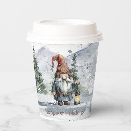 Waterverf winterkerstkabouter papieren bekers (Voorkant)