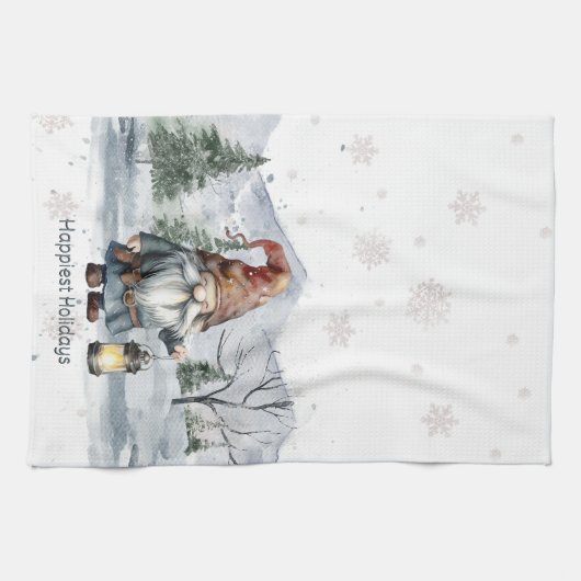 Waterverf winterkerstkabouter theedoek (Horizontaal)