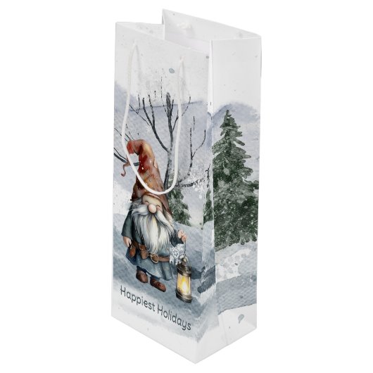 Waterverf winterkerstkabouter wijn cadeautas (Voorkant Gekanteld)