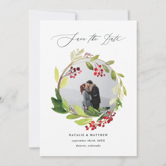 Waterverf winterkrans foto Sla de datum op Bedankkaart (Voorkant)