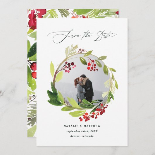 Waterverf winterkrans foto Sla de datum op Bedankkaart (Voorkant / Achterkant)