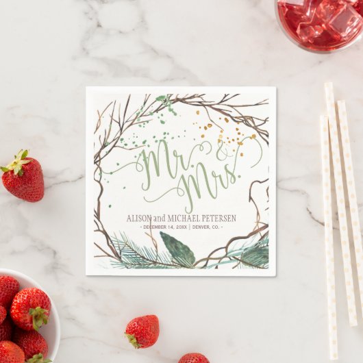 Waterverf winterkrans meneer en mevrouw script bru servetten (Insitu)