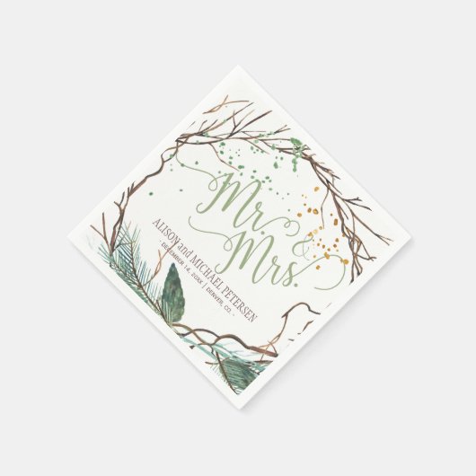 Waterverf winterkrans meneer en mevrouw script bru servetten (Hoek)
