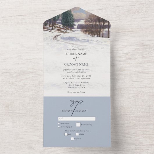 Waterverf winterlandschap bruiloft all in one uitnodiging (Binnen)