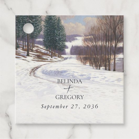 Waterverf winterlandschap bruiloft bedankjes labels (Voorkant)