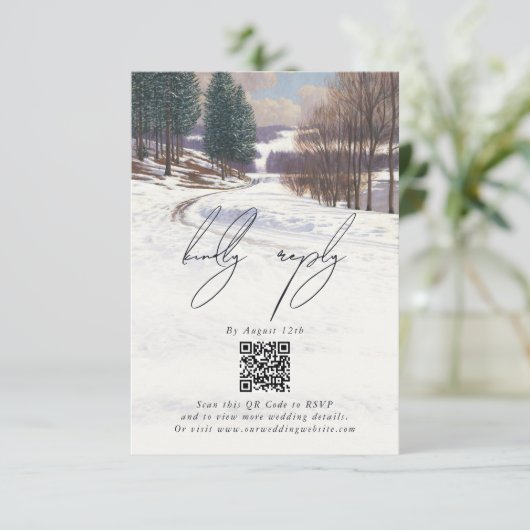 Waterverf winterlandschap bruiloft informatiekaartje (Staand voorkant)