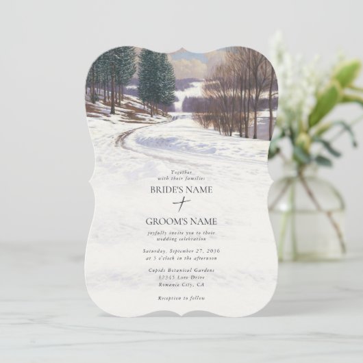 Waterverf winterlandschap bruiloft kaart (Staand voorkant)