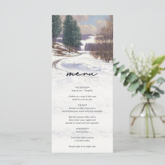 Waterverf winterlandschap bruiloft menu (Staand voorkant)