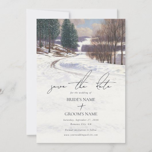 Waterverf winterlandschap bruiloft save the date (Voorkant)