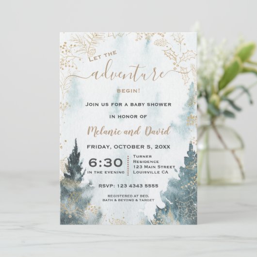 Waterverf Winterlandschap Gouden Krans Baby Shower Kaart (Staand voorkant)