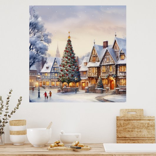 Waterverf Winterlandschap Kerstdorp Poster (Keuken)