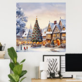 Waterverf Winterlandschap Kerstdorp Poster (Thuiskantoor)
