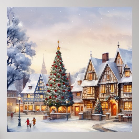 Waterverf Winterlandschap Kerstmis Dorp Poster (Voorkant)