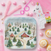 Waterverf winterlandschap met brandbomen papieren bordje (Feest)