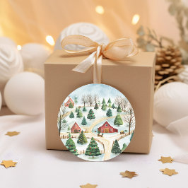 Waterverf winterlandschap met brandbomen ronde sticker