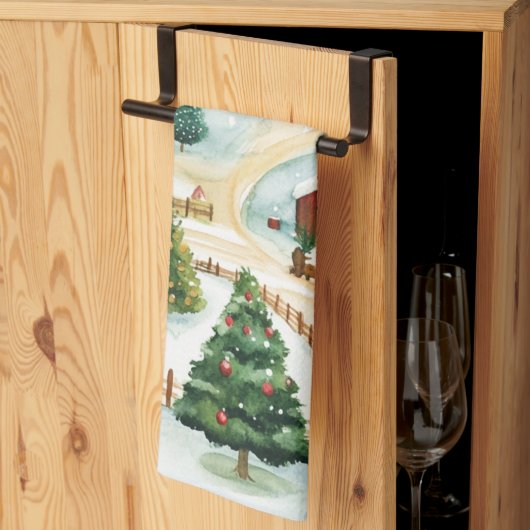 Waterverf winterlandschap met brandbomen theedoek (Derde Gevouwen)