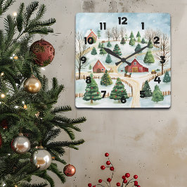 Waterverf winterlandschap met brandbomen vierkante klok