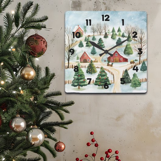 Waterverf winterlandschap met brandbomen vierkante klok