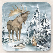 Waterverf winterlandschap Moose Bier Onderzetter (Voorkant)