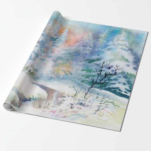 Waterverf winterlandschapsillustratie cadeaupapier (Uitgerold)