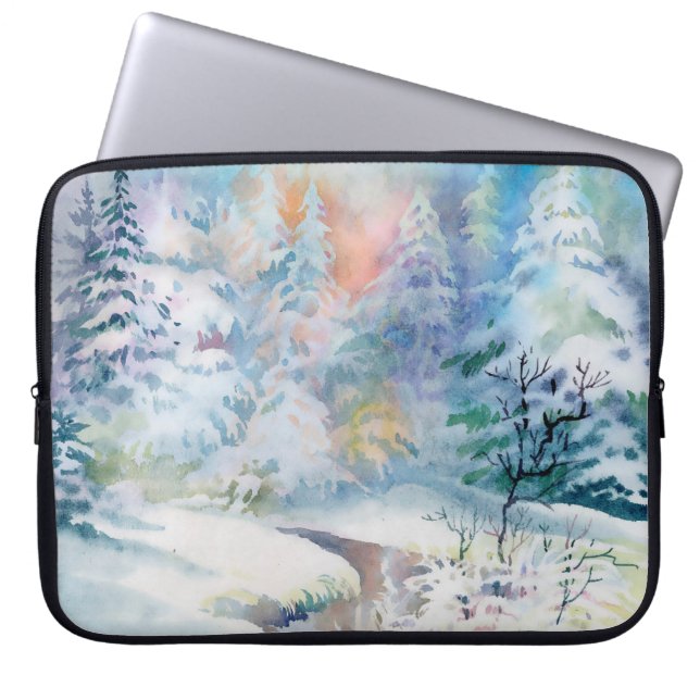 Waterverf winterlandschapsillustratie laptop sleeve (Voorkant)