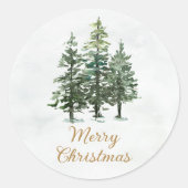 Waterverf Winterpijnbomen Kerst Ronde Sticker (Voorkant)