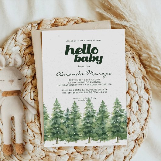 Waterverf Winterpijnbomen Sneeuw Baby shower Kaart