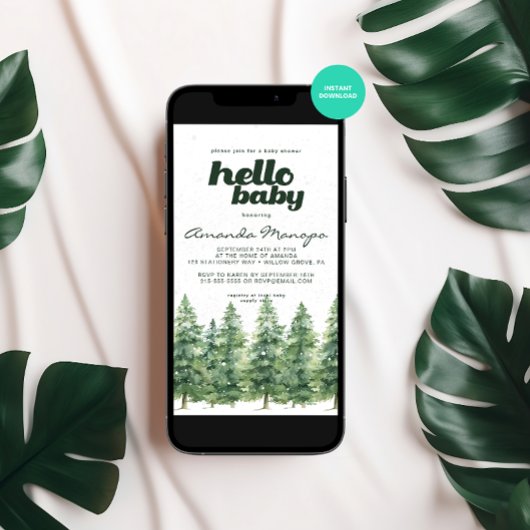 Waterverf Winterpijnbomen Sneeuw Baby shower Kaart