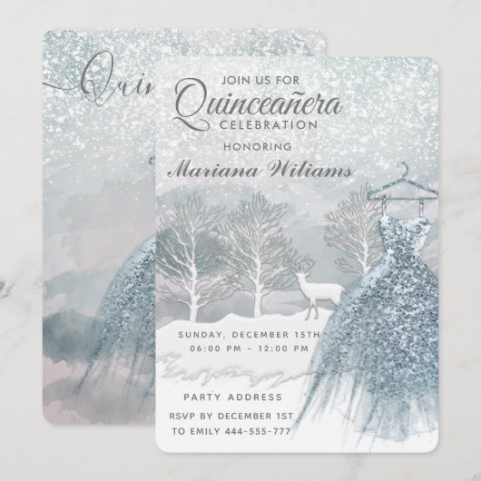 Waterverf winterscène blauwe jurk Quinceañera Kaart (Voorkant / Achterkant)
