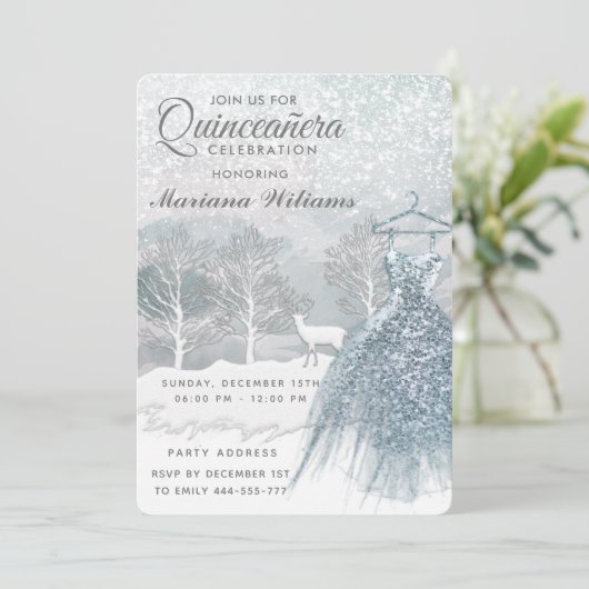 Waterverf winterscène blauwe jurk Quinceañera Kaart (Staand voorkant)