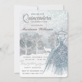 Waterverf winterscène blauwe jurk Quinceañera Kaart