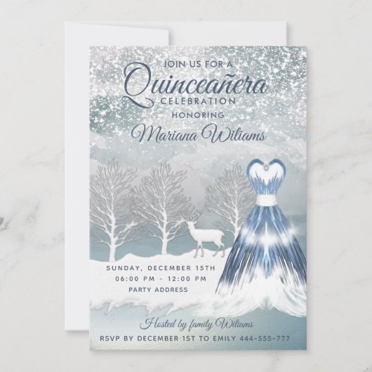 Waterverf winterscène blauwe jurk Quinceañera Kaart (Voorkant)