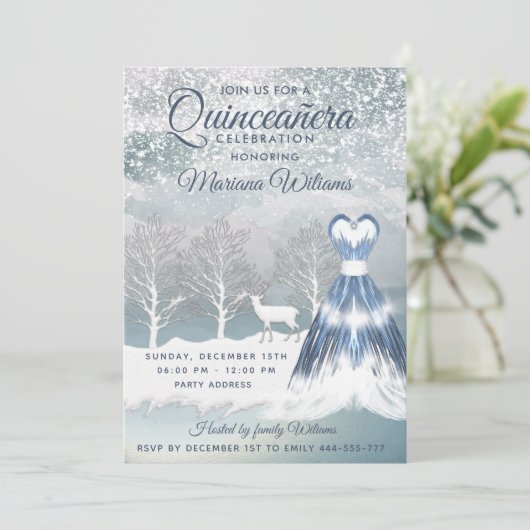 Waterverf winterscène blauwe jurk Quinceañera Kaart (Staand voorkant)